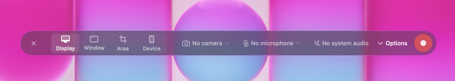 Motiou recording control bar showing Display, Window, Area, and Device capture modes with camera, microphone, and system audio toggles